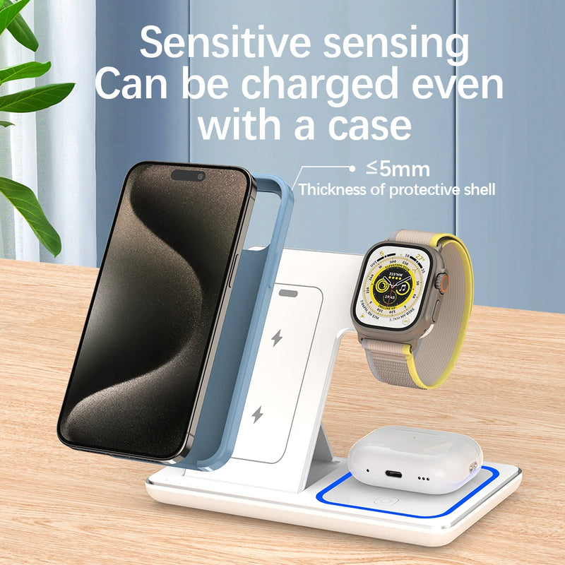 Super carregador 3 em1 com estação de carregamento dobrável 15 14 13 12 11 Apple Watch 9 8 7 6 5 Airpods Pro